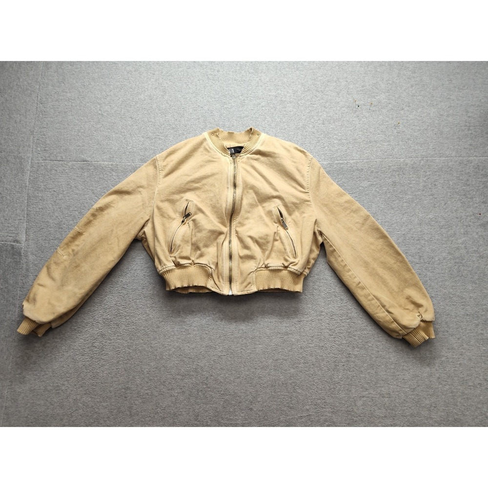 Zara Women Bomber Jacket M Khaki Cropped Full Zip‎ Long Sleeve Pockets Outerwear